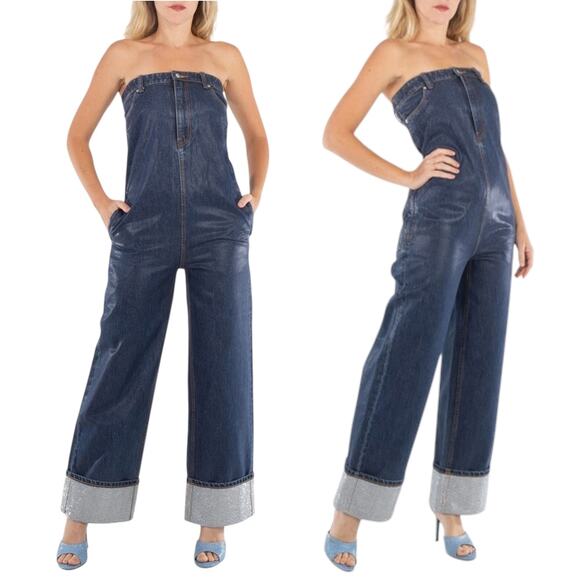 Alexander Wang Crystal Embellished Waxed Denim Strapless Jumpsuit - Picture 5 of 16